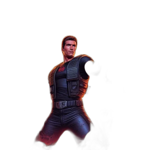 weapon, jacket, robot, face, concept art, pixel art, comic book art, 3d render transparent PNG cut-out