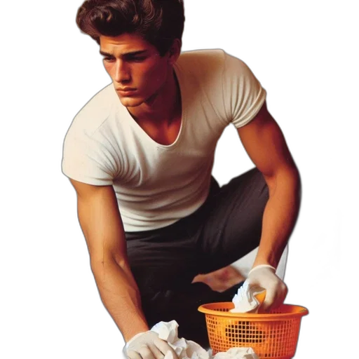 hair, photorealistic, young, man, white, t-shirt, dark, trousers transparent PNG cut-out