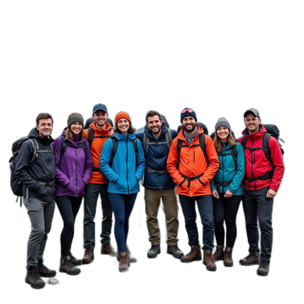 staff, jacket, group, hikers, stands, rocky, hilltop, cloudy transparent PNG cut-out
