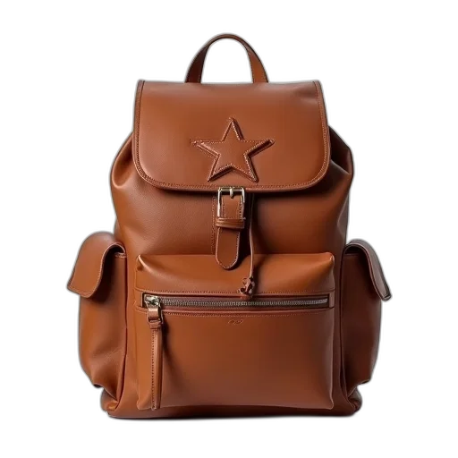 earth tones, brown, leather, backpack, star-shaped, patch, front, displayed transparent PNG cut-out