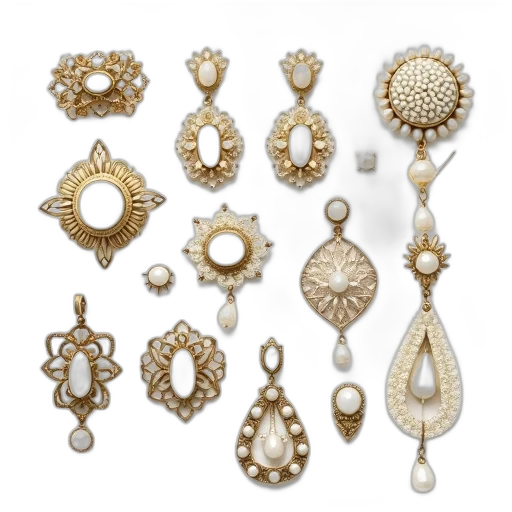 jewelry, crown, earth tones, collection, antique, pieces, displayed, white transparent PNG cut-out