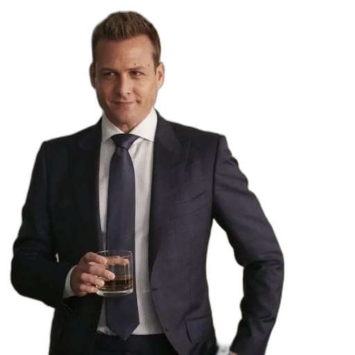 man, dark, suit, tie, holds, glass, whiskey, standing transparent PNG cut-out