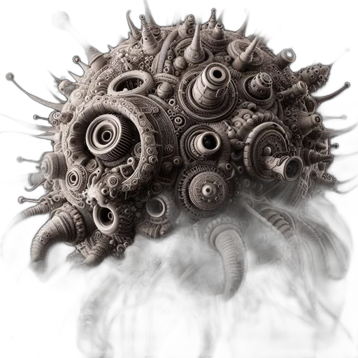 mask, hair, robot, creature, concept art, photorealistic, 3d render, fantasy art transparent PNG cut-out