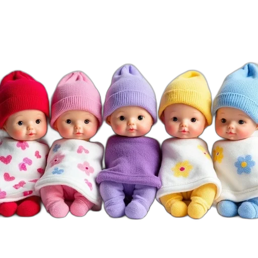 3d render, photorealistic, pastel, colorful, group, five, baby, dolls transparent PNG cut-out