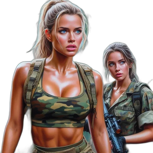 weapon, photorealistic, concept art, comic book art, oil painting, green, two, women transparent PNG cut-out