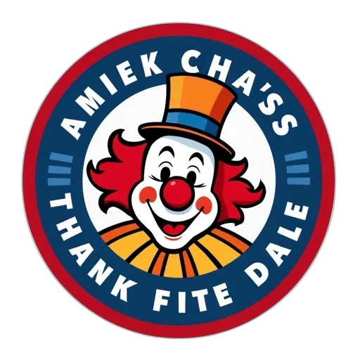 circular, logo, featuring, clown, character, red, nose, striped transparent PNG cut-out
