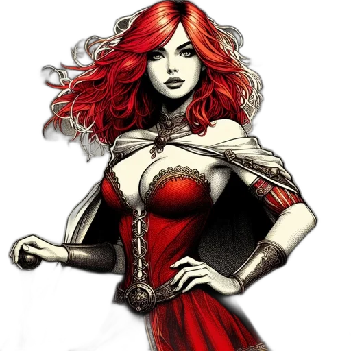 dress, comic book art, fantasy art, concept art, cartoon, red, woman, vibrant transparent PNG cut-out