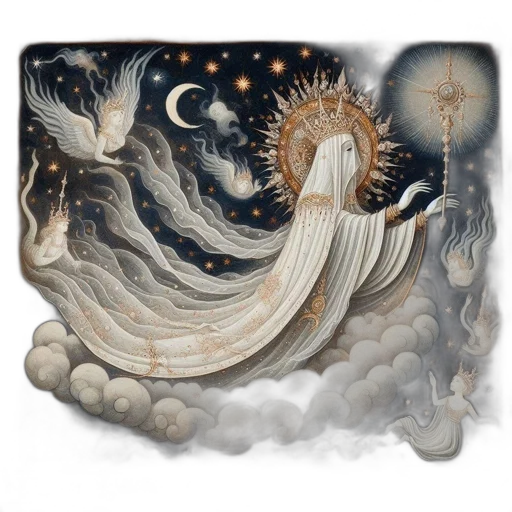 fantasy art, concept art, night, outer space, illustration, presents, divine, figure transparent PNG cut-out