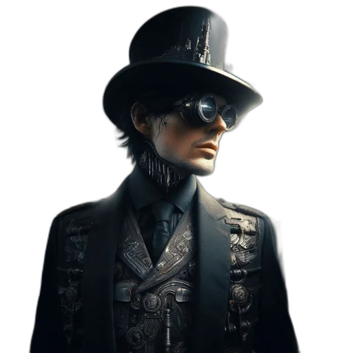 hat, jacket, staff, face, concept art, 3d render, cyberpunk, photorealistic transparent PNG cut-out