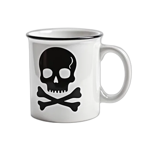 white, coffee, mug, black, skull, crossbones, design, has transparent PNG cut-out