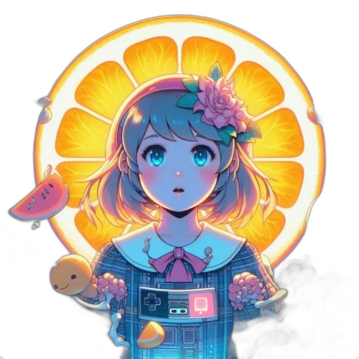 robot, staff, dress, crown, pixel art, anime, concept art, vaporwave transparent PNG cut-out