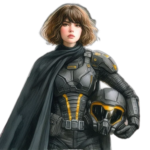 jacket, concept art, comic book art, fantasy art, photorealistic, woman, stands, futuristic transparent PNG cut-out