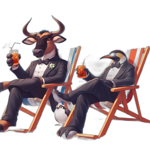 concept art, two, anthropomorphic, animals, bull, penguin, lounge, beach transparent PNG cut-out