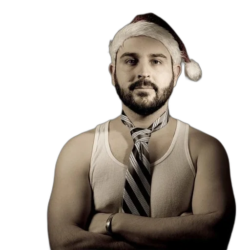 staff, man, santa, hat, striped, tie, poses, his transparent PNG cut-out