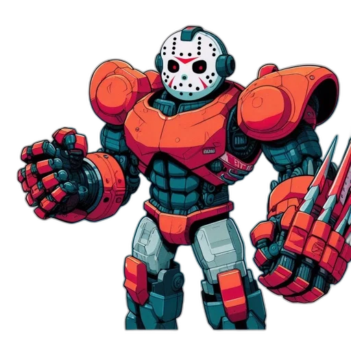 robot, weapon, concept art, comic book art, pixel art, 3d render, red, intimidating transparent PNG cut-out