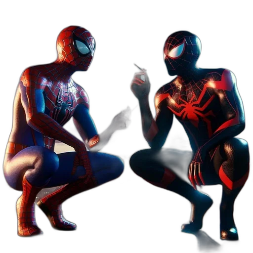 mask, concept art, comic book art, 3d render, pixel art, two, spider-men, characters transparent PNG cut-out