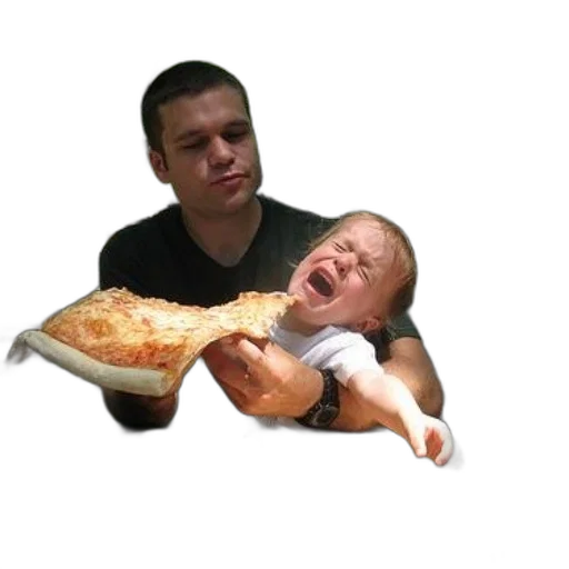 food, man, holding, crying, baby, slice, pizza, his transparent PNG cut-out