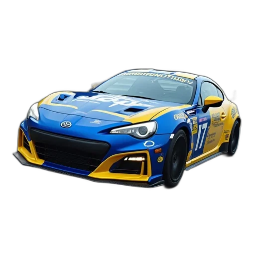 car, 3d render, photorealistic, concept art, driver, blue, yellow, subarunt transparent PNG cut-out