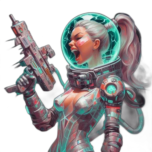robot, weapon, concept art, fantasy art, cyberpunk, comic book art, outer space, pastel transparent PNG cut-out