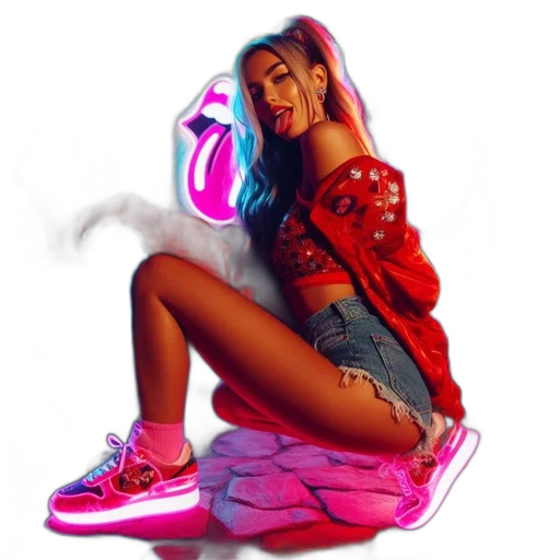 shoes, jacket, vaporwave, concept art, photorealistic, neon lights, fire, neon transparent PNG cut-out