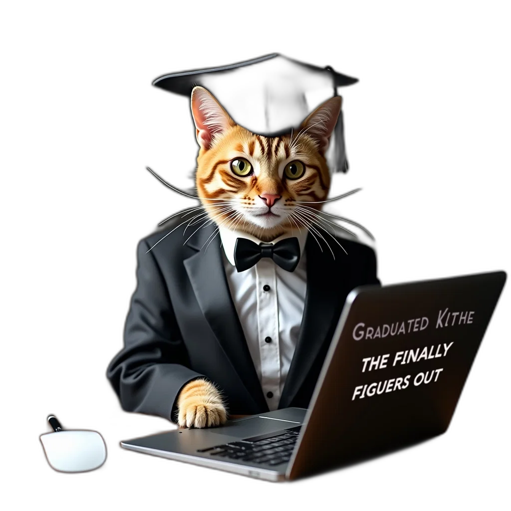 staff, 3d render, cat, wearing, graduation, cap, tuxedo, sitting transparent PNG cut-out