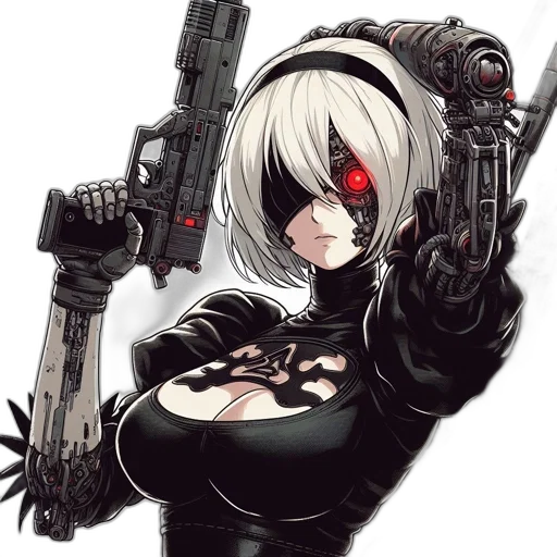 weapon, robot, cyberpunk, pixel art, concept art, anime, animated, figure transparent PNG cut-out