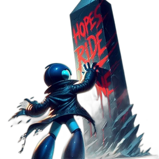 robot, weapon, concept art, comic book art, cyberpunk, vaporwave, blue, lone transparent PNG cut-out