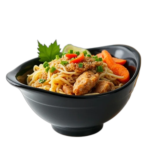 food, 3d render, photorealistic, black, bowl, filled, variety, items transparent PNG cut-out