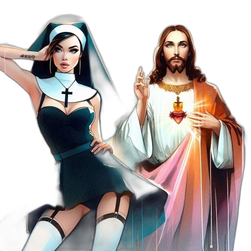 fantasy art, concept art, comic book art, vaporwave, nun, jesus, christ, depicted transparent PNG cut-out