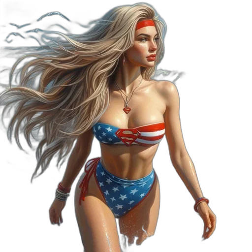 comic book art, fantasy art, concept art, photorealistic, woman, flag-patterned, bikini, pendant transparent PNG cut-out