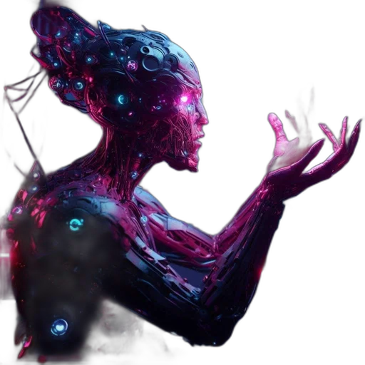creature, robot, mask, hair, concept art, cyberpunk, fantasy art, 3d render transparent PNG cut-out