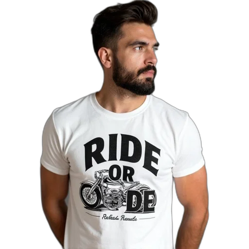 man, wearing, white, t-shirt, black, graphic, design, reads transparent PNG cut-out