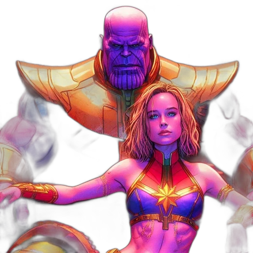 comic book art, concept art, fantasy art, pixel art, thanos, captain, marvel, both transparent PNG cut-out