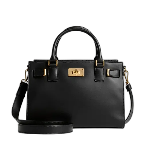 dark, monochrome, black, leather, handbag, gold, buckle, strap transparent PNG cut-out