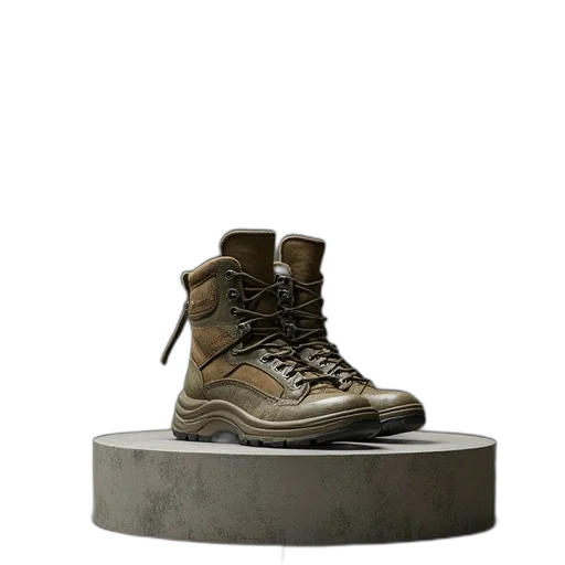 shoes, weapon, 3d render, photorealistic, concept art, earth tones, podium, military transparent PNG cut-out