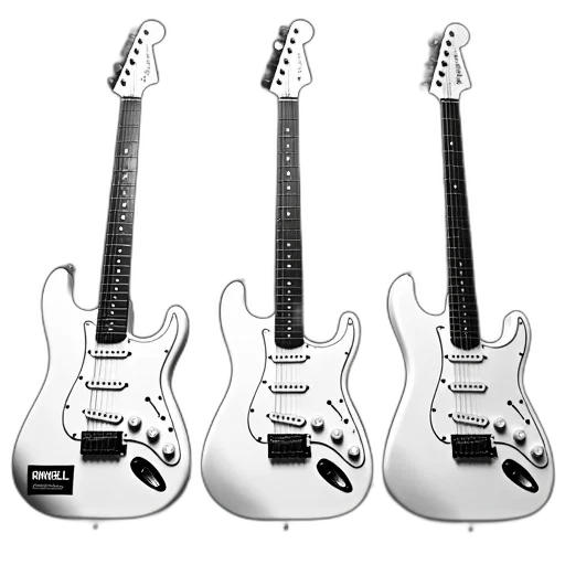3d render, photorealistic, three, electric, guitars, white, bodies, black transparent PNG cut-out