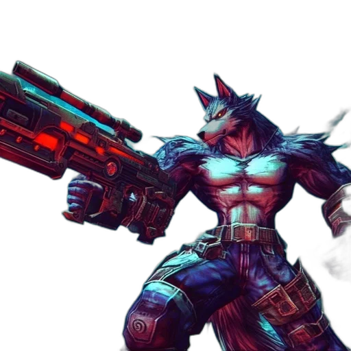 weapon, concept art, cyberpunk, comic book art, pixel art, armored, anthropomorphic, wolf transparent PNG cut-out
