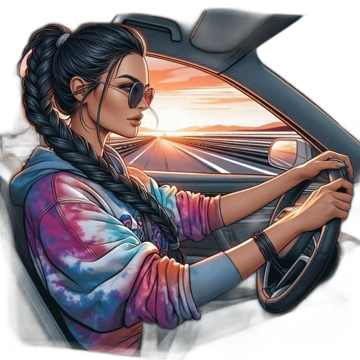 car, jacket, comic book art, concept art, photorealistic, fantasy art, sunset, neon lights transparent PNG cut-out