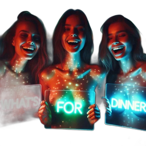 3d render, concept art, neon lights, outer space, neon, three, women, hold transparent PNG cut-out