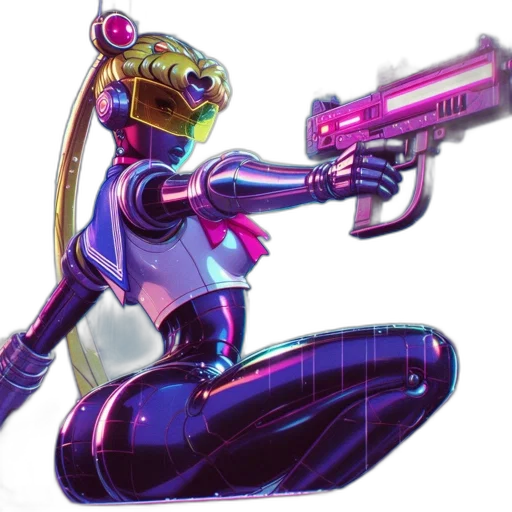 weapon, robot, staff, jacket, concept art, vaporwave, cyberpunk, pixel art transparent PNG cut-out