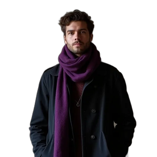 jacket, staff, dark, man, wearing, purple, scarf, stands transparent PNG cut-out