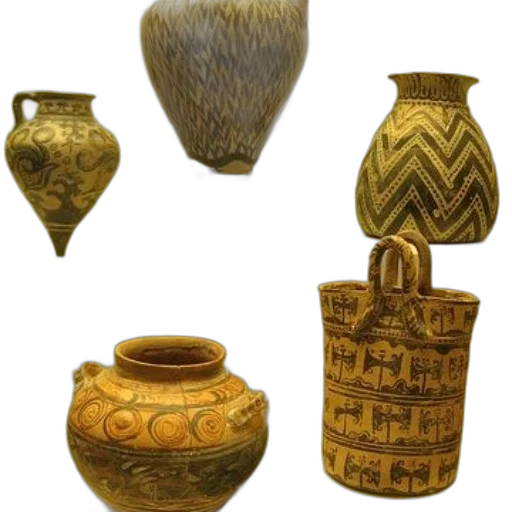 jewelry, 3d render, golden, earth tones, four, ancient, pottery, vessels transparent PNG cut-out