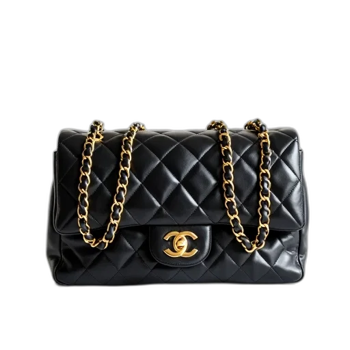 black, quilted, chanel, handbag, gold, chain, straps, displayed transparent PNG cut-out