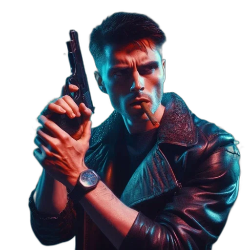 jacket, weapon, face, cyberpunk, concept art, photorealistic, comic book art, neon lights transparent PNG cut-out