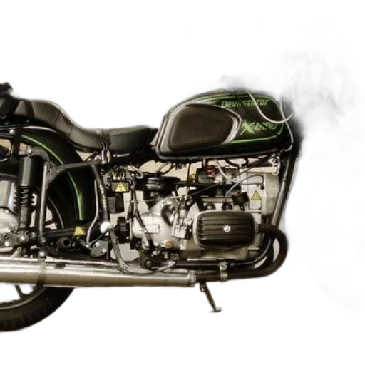 photorealistic, vintage, motorcycle, green, accents, word, devastator, side transparent PNG cut-out
