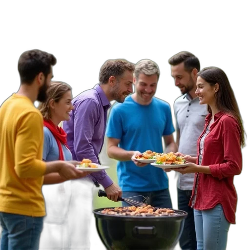 food, staff, 3d render, photorealistic, fire, group, friends, gathered transparent PNG cut-out