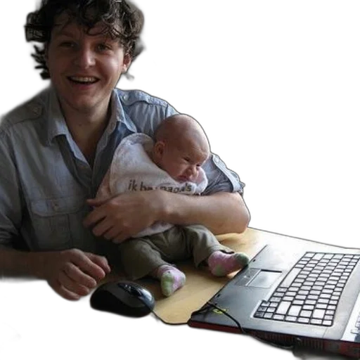 man, holding, baby, front, laptop, mouse, desk transparent PNG cut-out