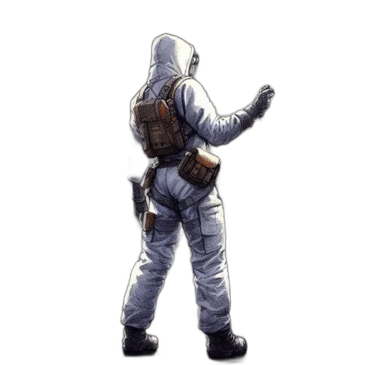 jacket, robot, weapon, staff, concept art, pixel art, 3d render, comic book art transparent PNG cut-out
