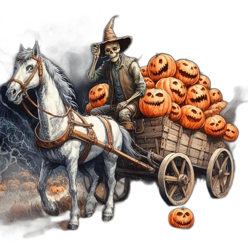 concept art, fantasy art, fog, halloween, night, skeleton, rides, white transparent PNG cut-out