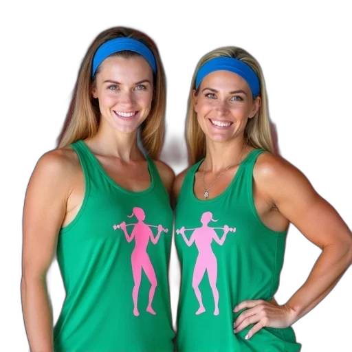 two, women, standing, side, gym, both, wearing, matching transparent PNG cut-out